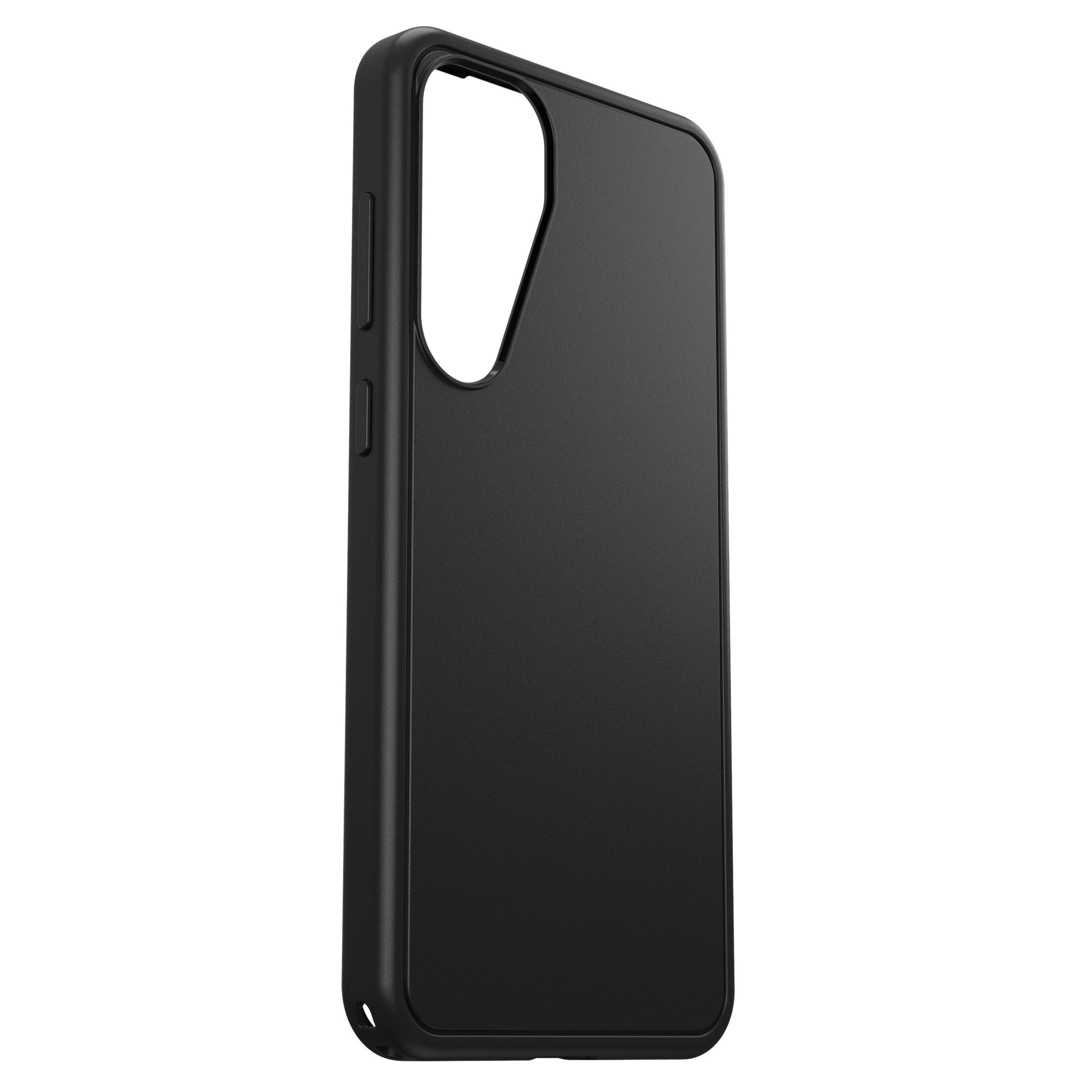 Symmetry cover til Galaxy S25 Plus sort med præcise udskæringer til knapper og kamera, stødabsorberende, vist fra vinkel.