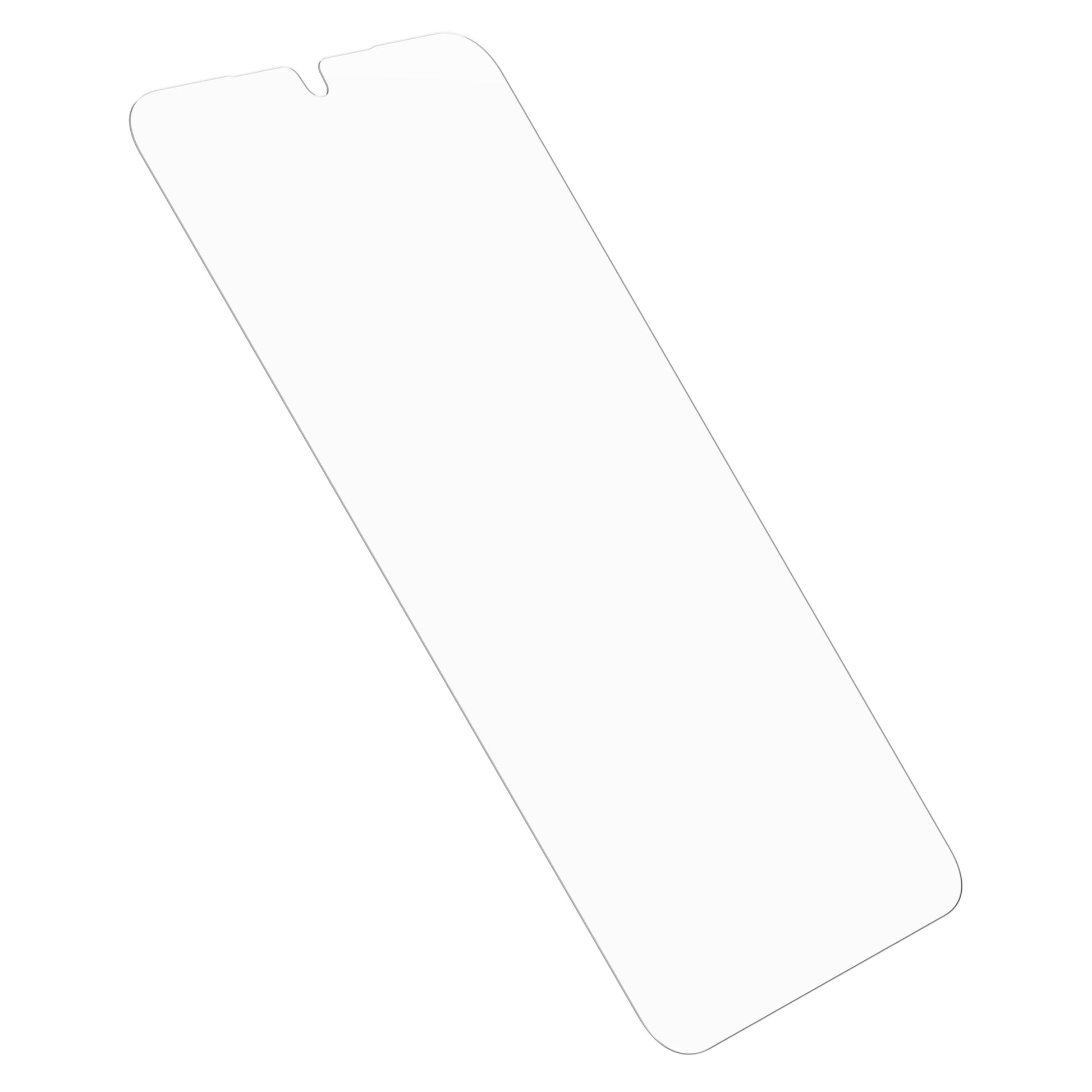 Premium glas til Samsung S25 Plus med lille udskæring til frontkamera, vist fra vinkel.