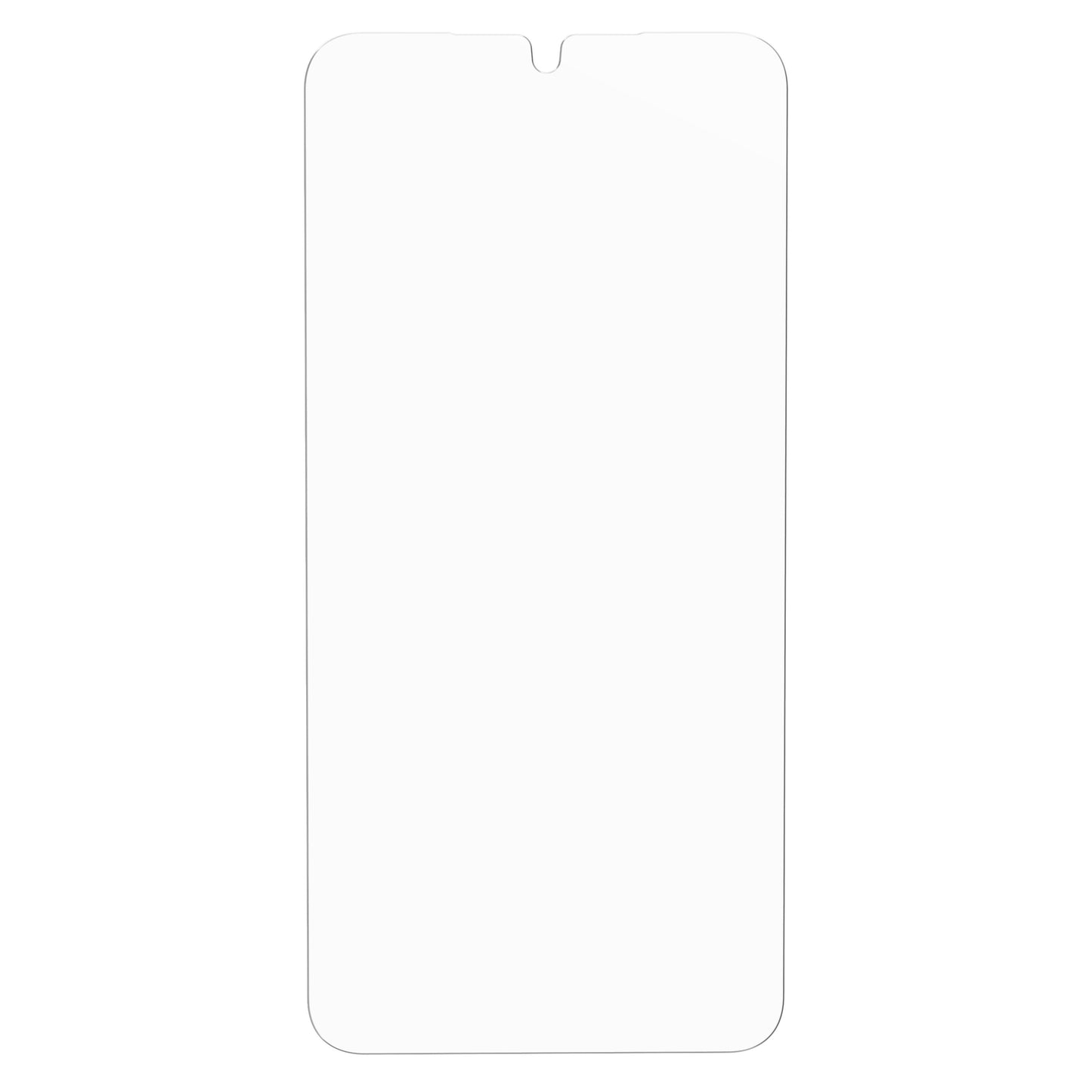 Samsung Galaxy S25 Plus med hvid skærm, afrundede hjørner og lille topcenter notch, Otterbox Premium Glas.