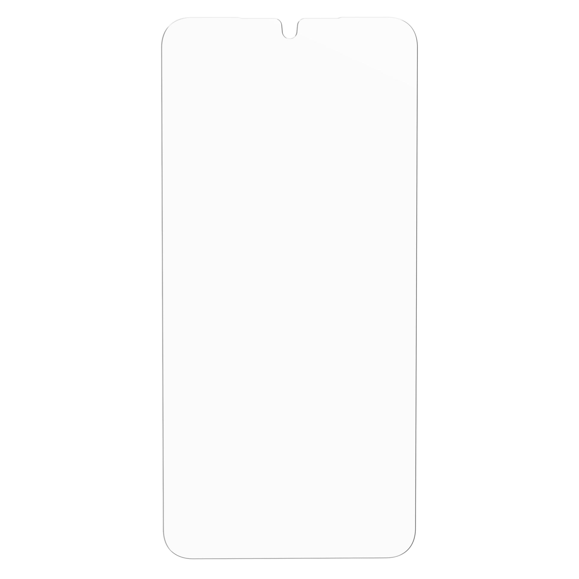 Samsung Galaxy S25 Plus med hvid skærm, afrundede hjørner og lille topcenter notch, Otterbox Premium Glas.
