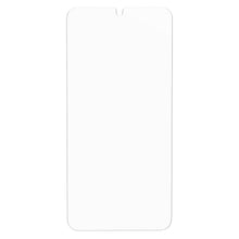 Samsung Galaxy S25 Plus med hvid skærm, afrundede hjørner og lille topcenter notch, Otterbox Premium Glas.