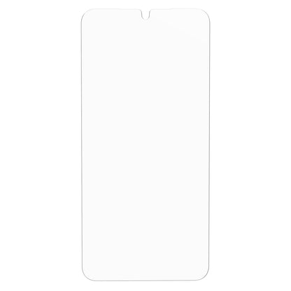 Samsung Galaxy S25 Plus med hvid skærm, afrundede hjørner og lille topcenter notch, Otterbox Premium Glas.