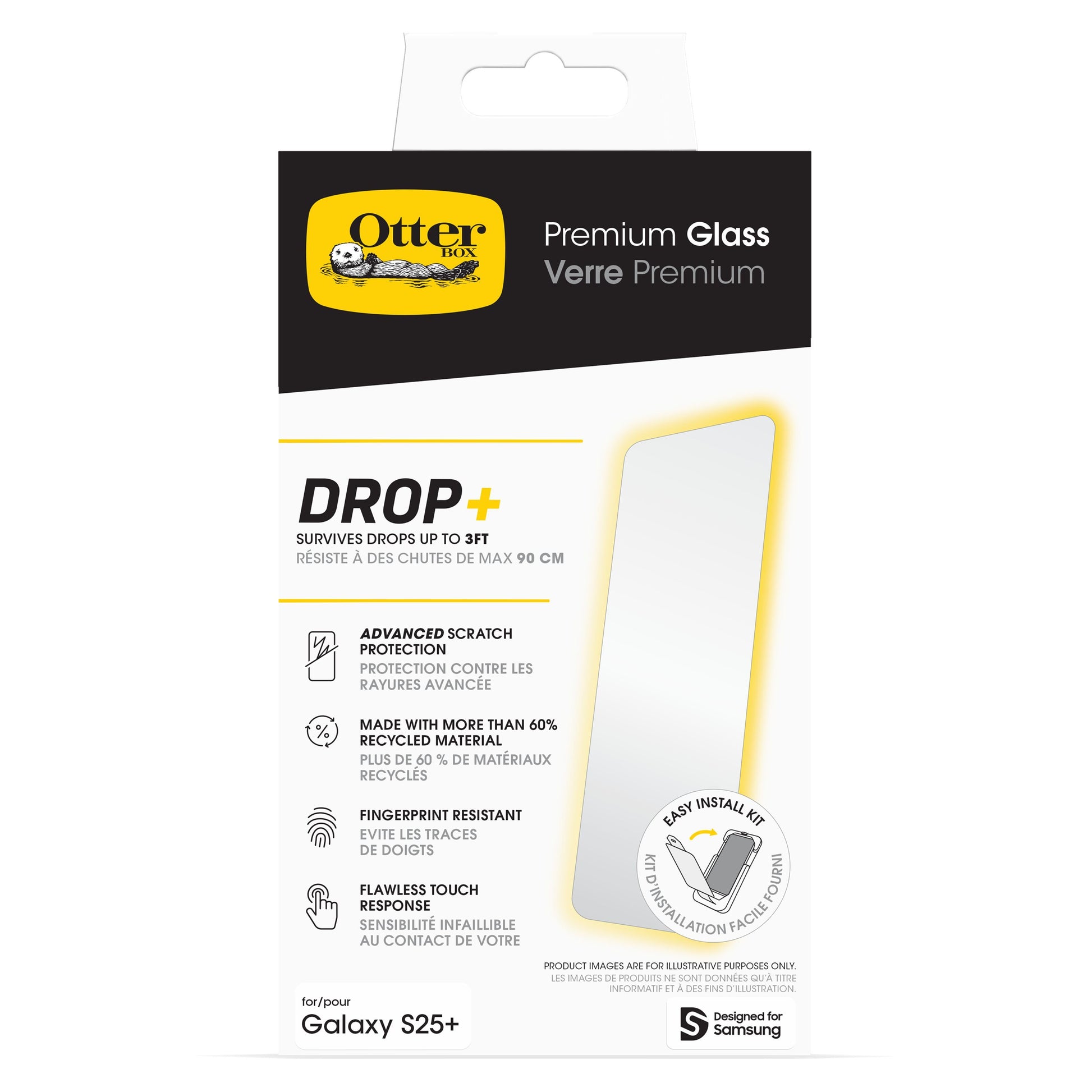 Otterbox Premium Glas til Samsung S25 Plus i hvid æske med gule og sorte detaljer, fald- og ridsebeskyttelse.