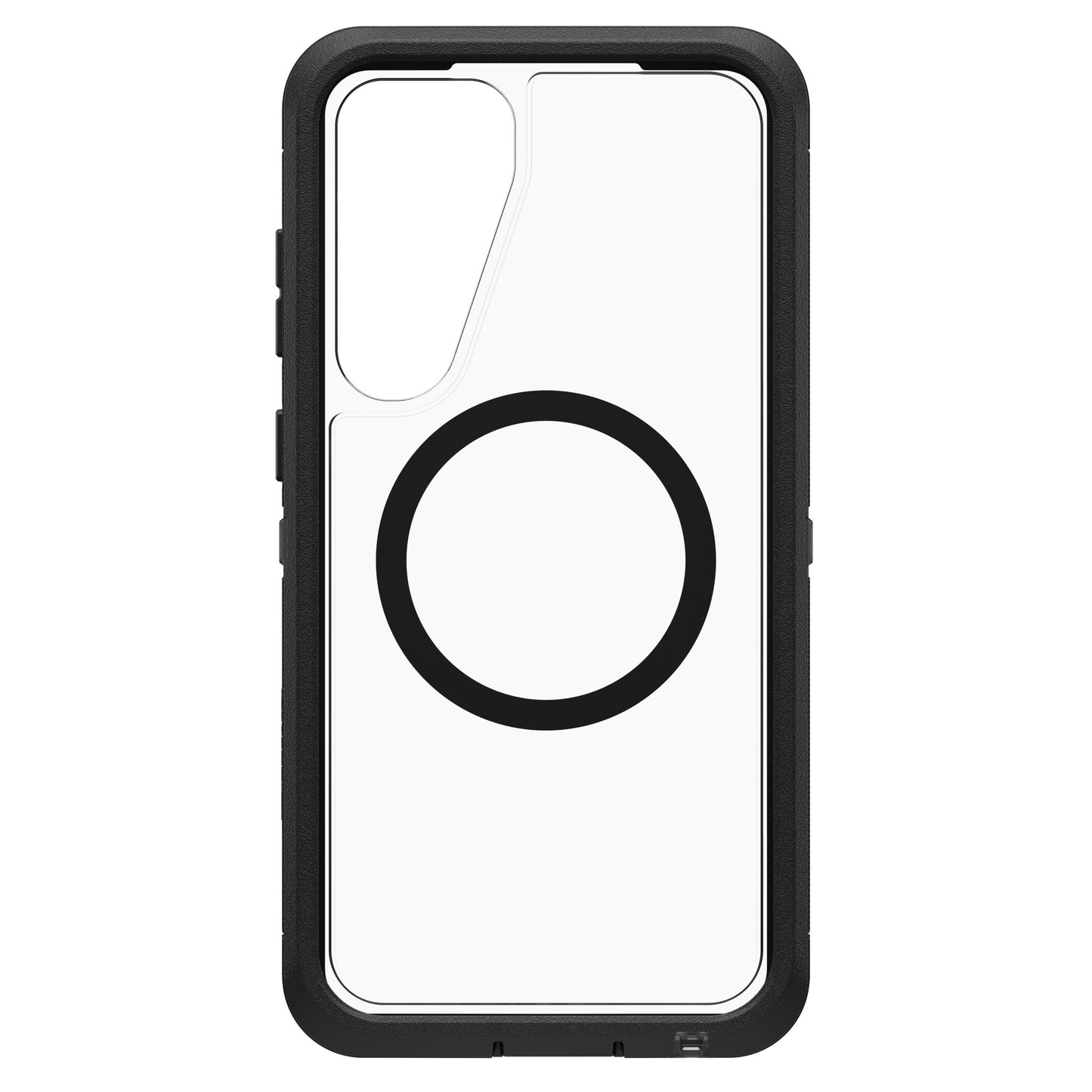 Beskyttelsesetui til Samsung S25 Plus, transparent med sort kant, stor sort cirkel i midten, kamerahul øverst til venstre.