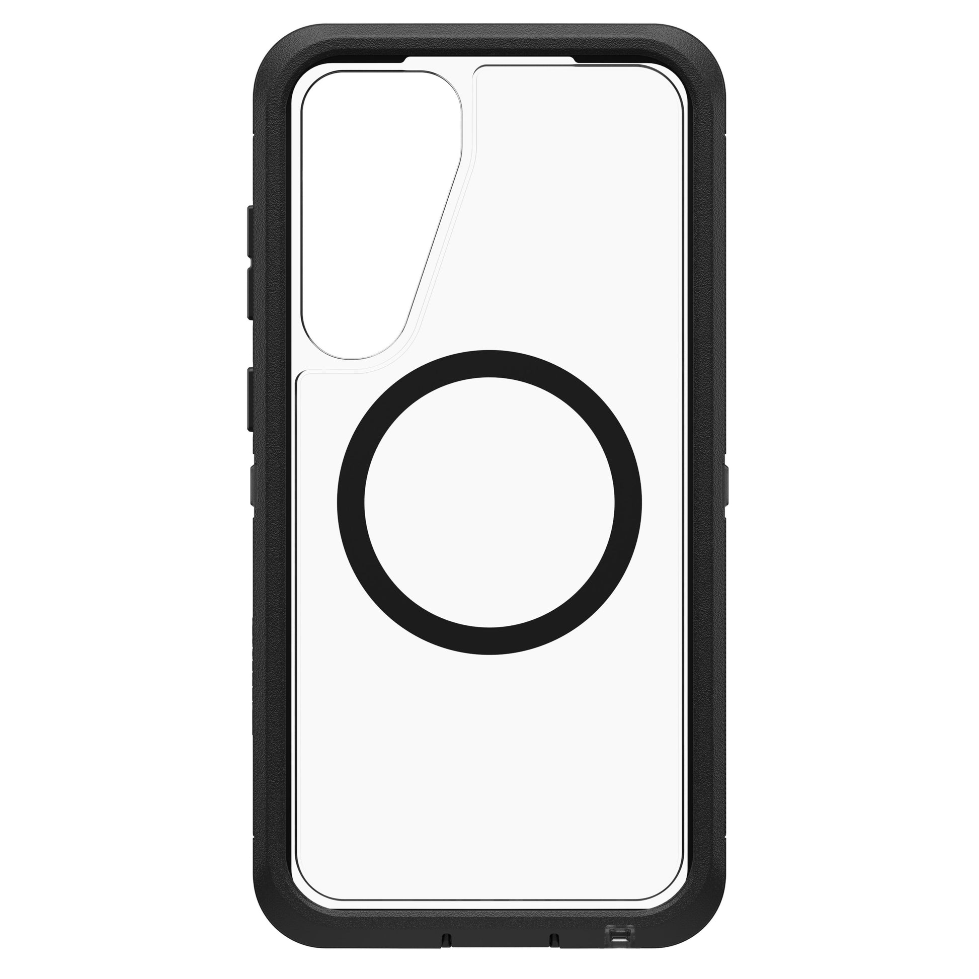 Beskyttelsesetui til Samsung S25 Plus, transparent med sort kant, stor sort cirkel i midten, kamerahul øverst til venstre.
