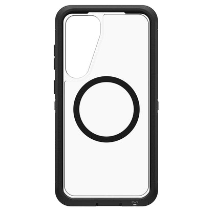 Beskyttelsesetui til Samsung S25 Plus, transparent med sort kant, stor sort cirkel i midten, kamerahul øverst til venstre.