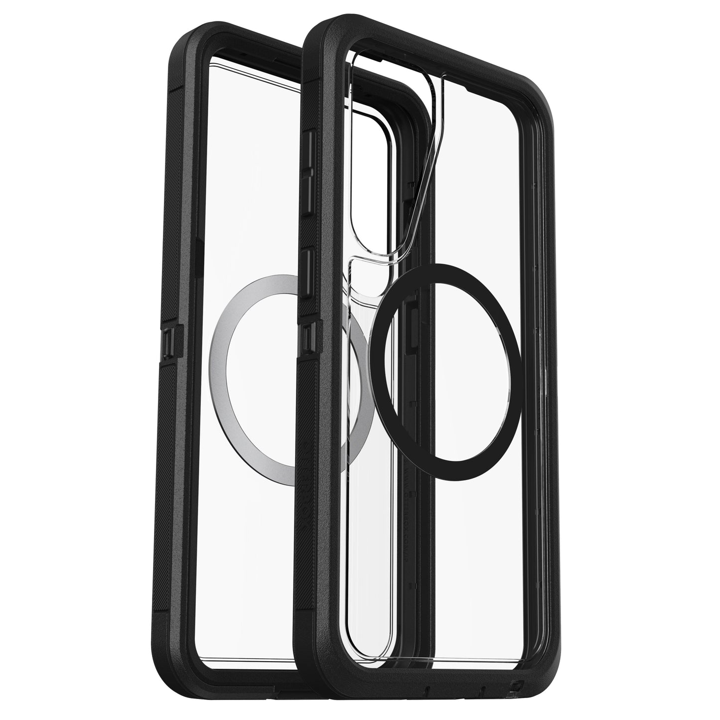 Beskyttelsesetui til Samsung S25 Plus, sorte kanter, indbyggede cirkulære MagSafe-ringe, vises for- og bagside.
