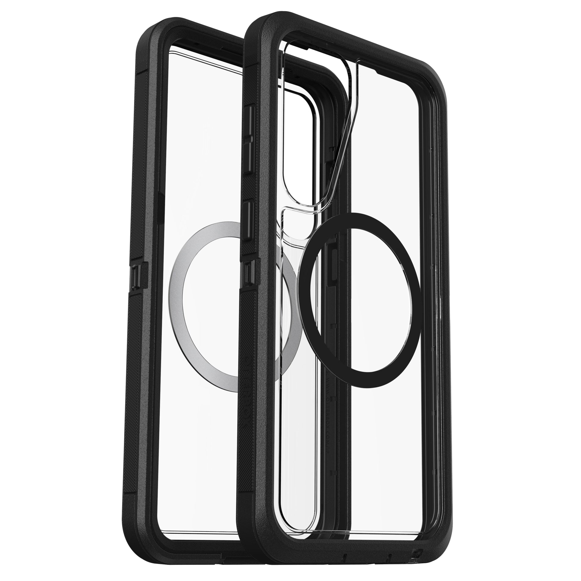 Beskyttelsesetui til Samsung S25 Plus, sorte kanter, indbyggede cirkulære MagSafe-ringe, vises for- og bagside.