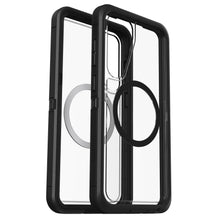 Beskyttelsesetui til Samsung S25 Plus, sorte kanter, indbyggede cirkulære MagSafe-ringe, vises for- og bagside.