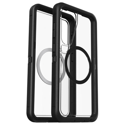 Beskyttelsesetui til Samsung S25 Plus, sorte kanter, indbyggede cirkulære MagSafe-ringe, vises for- og bagside.