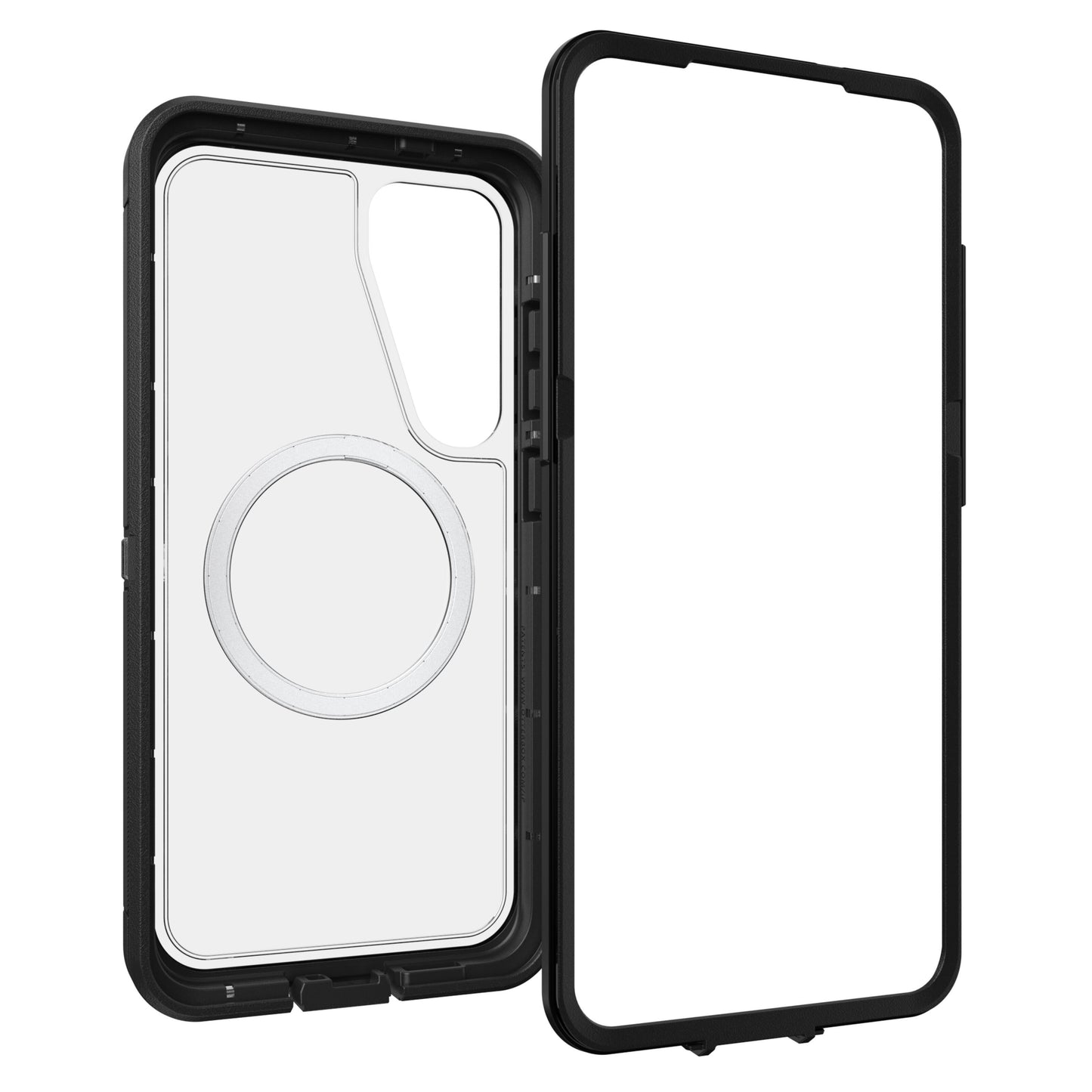 Beskyttelsesetui til Samsung S25 Plus, transparent 2-delt med rund MagSafe-ring og frontskærmbeskytter, vises adskilt.