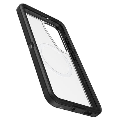 Otterbox beskyttelsesetui til Samsung S25 Plus, klar bagside, sorte kanter, cirkulær detalje, udskæringer til knapper og kamera.