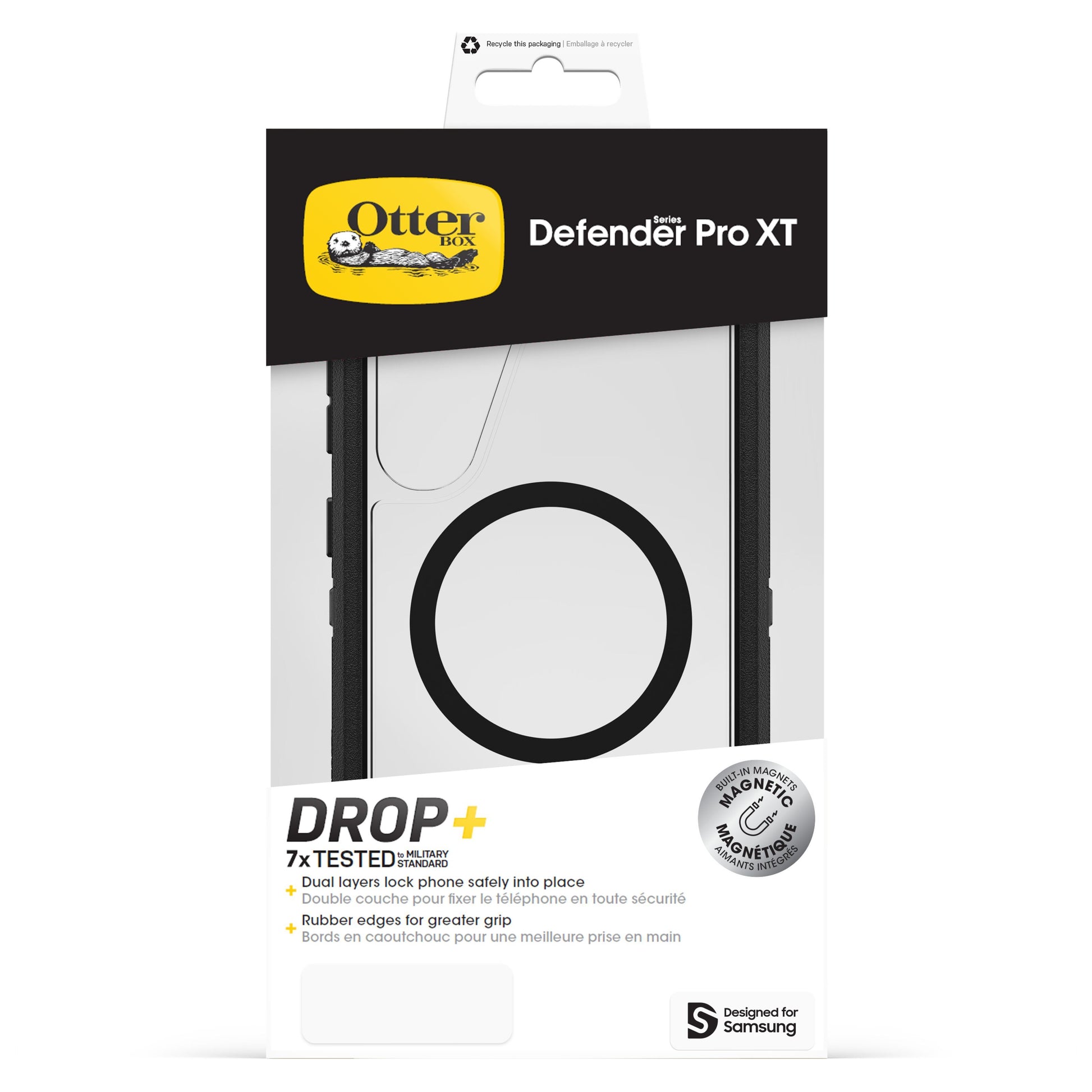 Otterbox cover til Samsung S25 Plus sort/hvid, dobbelt lag, MagSafe-kompatibel, DROP+ beskyttelse.