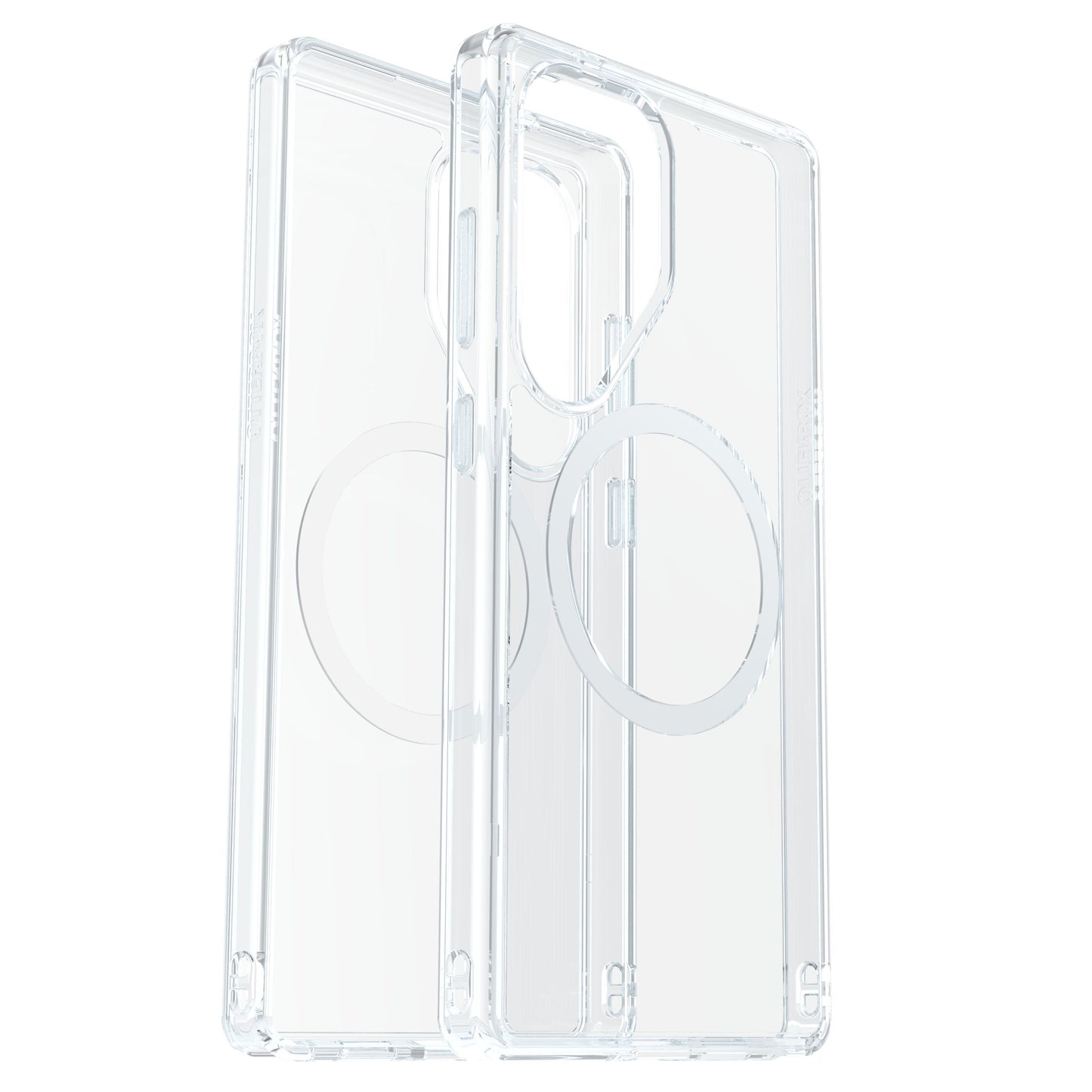 Transparente Otterbox Symmetry-covers til Galaxy S25 Ultra med synlig MagSafe-ring og udskæringer til kamera.