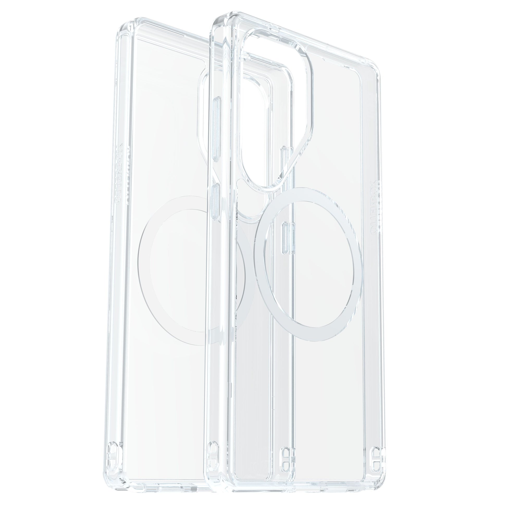 Transparente Otterbox Symmetry-covers til Galaxy S25 Ultra med synlig MagSafe-ring og udskæringer til kamera.