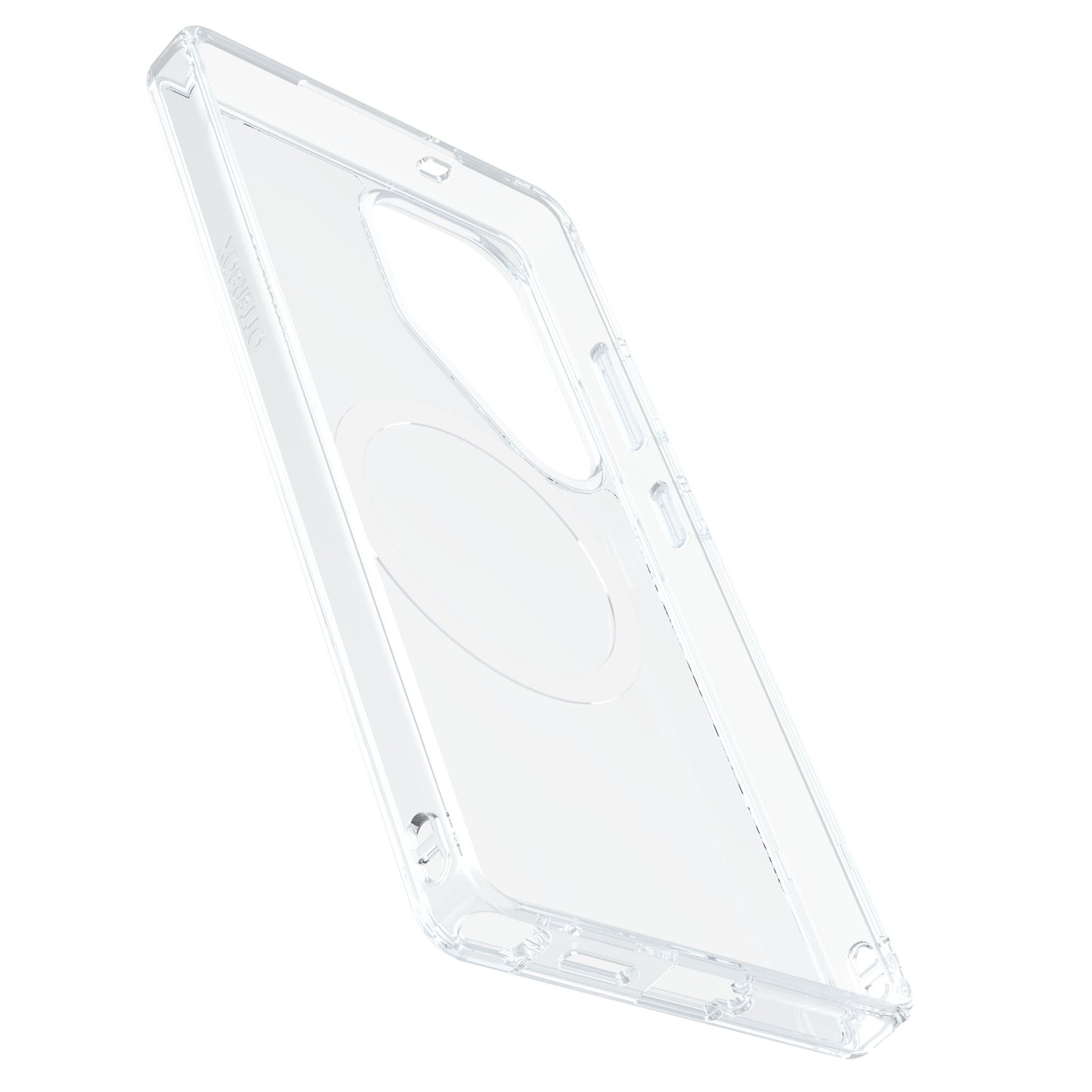 Gennemsigtigt Otterbox Symmetry cover til Galaxy S25 Ultra med præcise udskæringer og let hævede kanter.