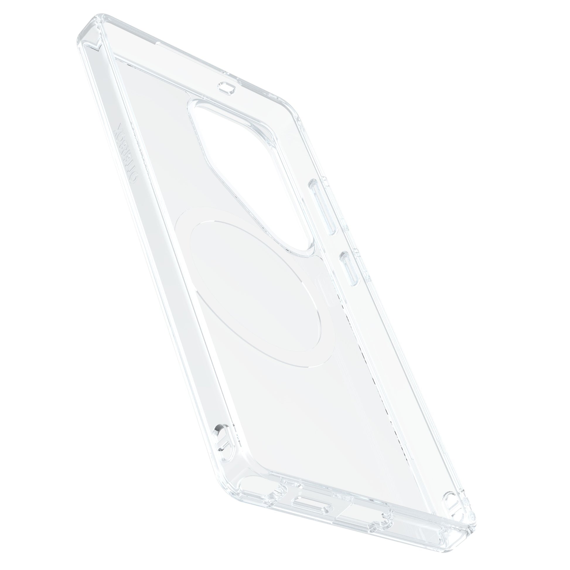 Gennemsigtigt Otterbox Symmetry cover til Galaxy S25 Ultra med præcise udskæringer og let hævede kanter.