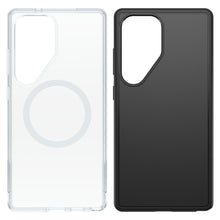 Samsung Galaxy S25 Ultra cover transparent cirkel-design og Otterbox Symmetry sort begge med store kamerahuller og DROP+ beskyttelse.