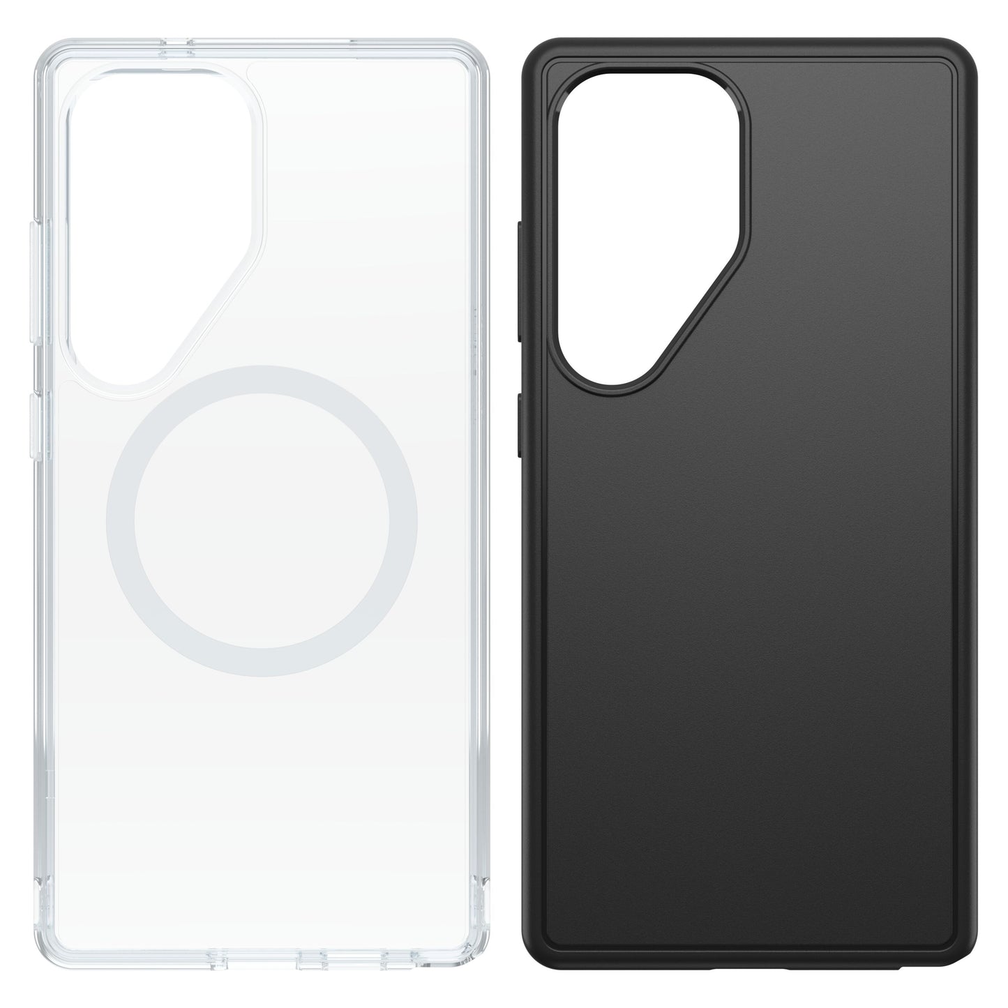 Samsung Galaxy S25 Ultra cover, gennemsigtig med MagSafe-ring og sort, begge med stort rektangulært kamerahul øverst til venstre.