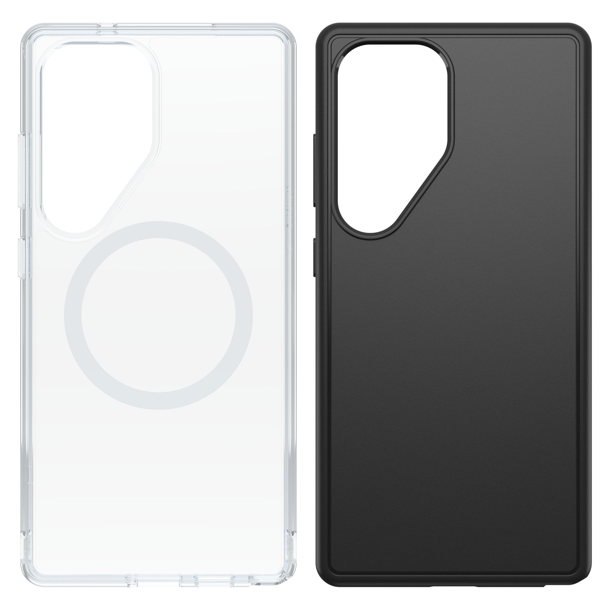 Samsung Galaxy S25 Ultra cover, gennemsigtig med MagSafe-ring og sort, begge med stort rektangulært kamerahul øverst til venstre.