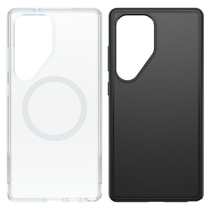 Samsung Galaxy S25 Ultra cover, gennemsigtig med MagSafe-ring og sort, begge med stort rektangulært kamerahul øverst til venstre.
