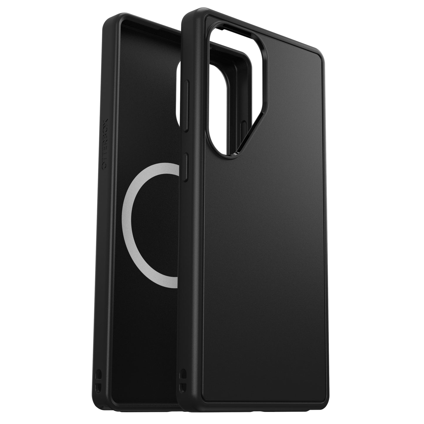 Otterbox Symmetry cover til Galaxy S25 Ultra sort, stor kameraudskæring, cirkulær MagSafe, DROP+ beskyttelse, for- og bagside.