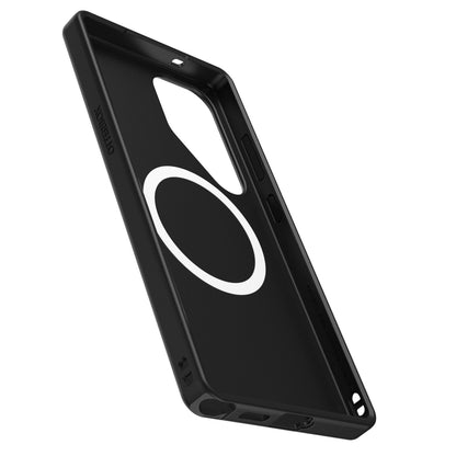 Otterbox Symmetry cover til Galaxy S25 Ultra sort med hvid MagSafe-ring, DROP+ beskyttelse, udskæringer til knapper og kamera.