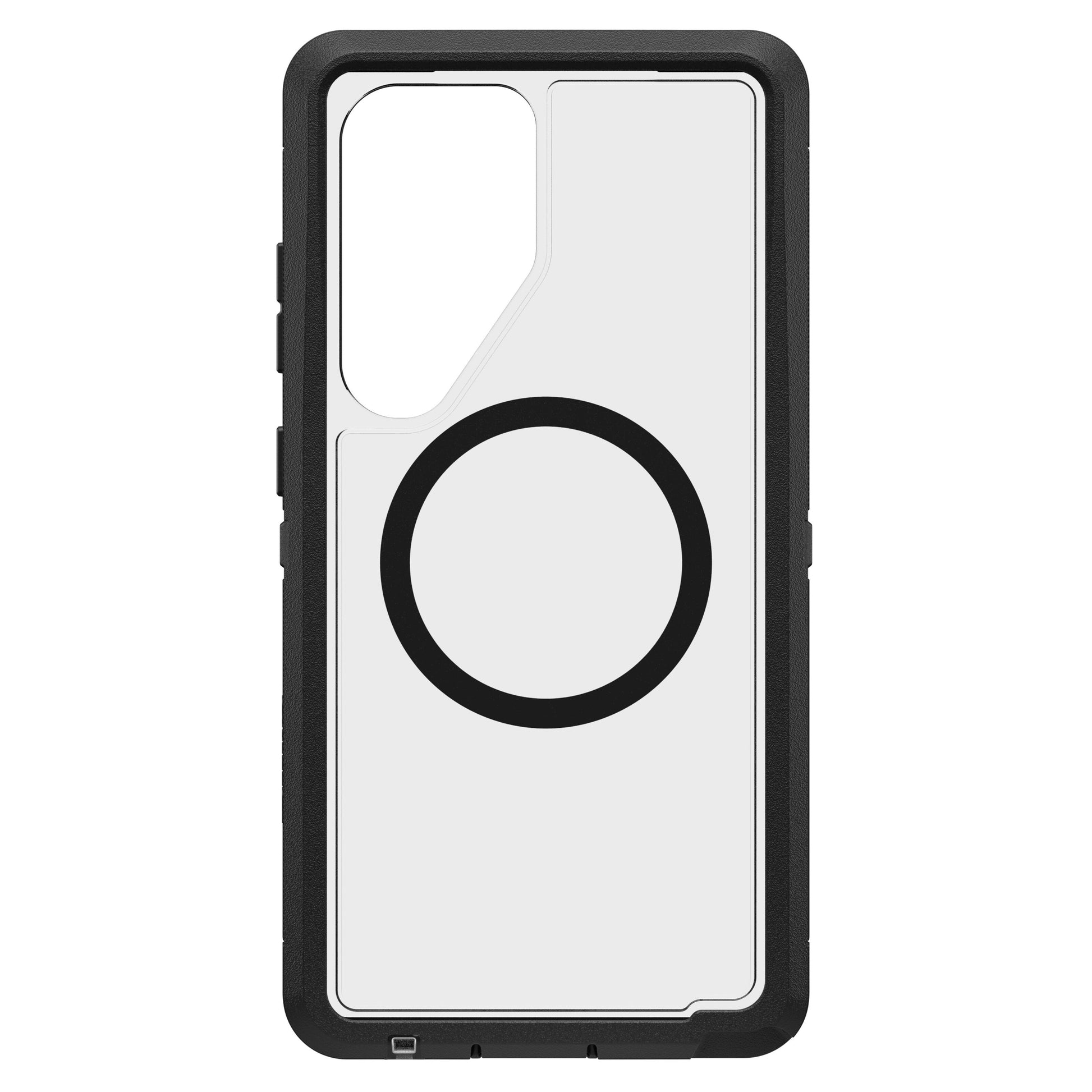 Samsung S25 Ultra cover, sort med transparent bagside, stor sort cirkel i midten, rektangulært kamerahul øverst til venstre.