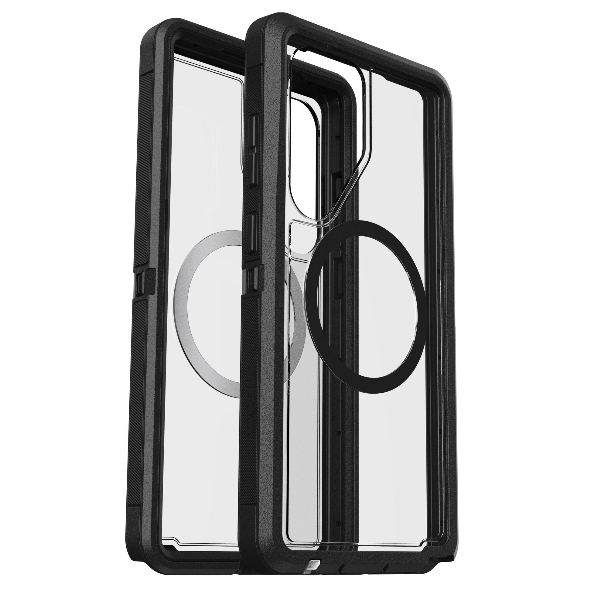 Otterbox Defender Klar Robust etui til Samsung S25 Ultra, sort og gennemsigtig med transparent MagSafe-kompatibel bagside.