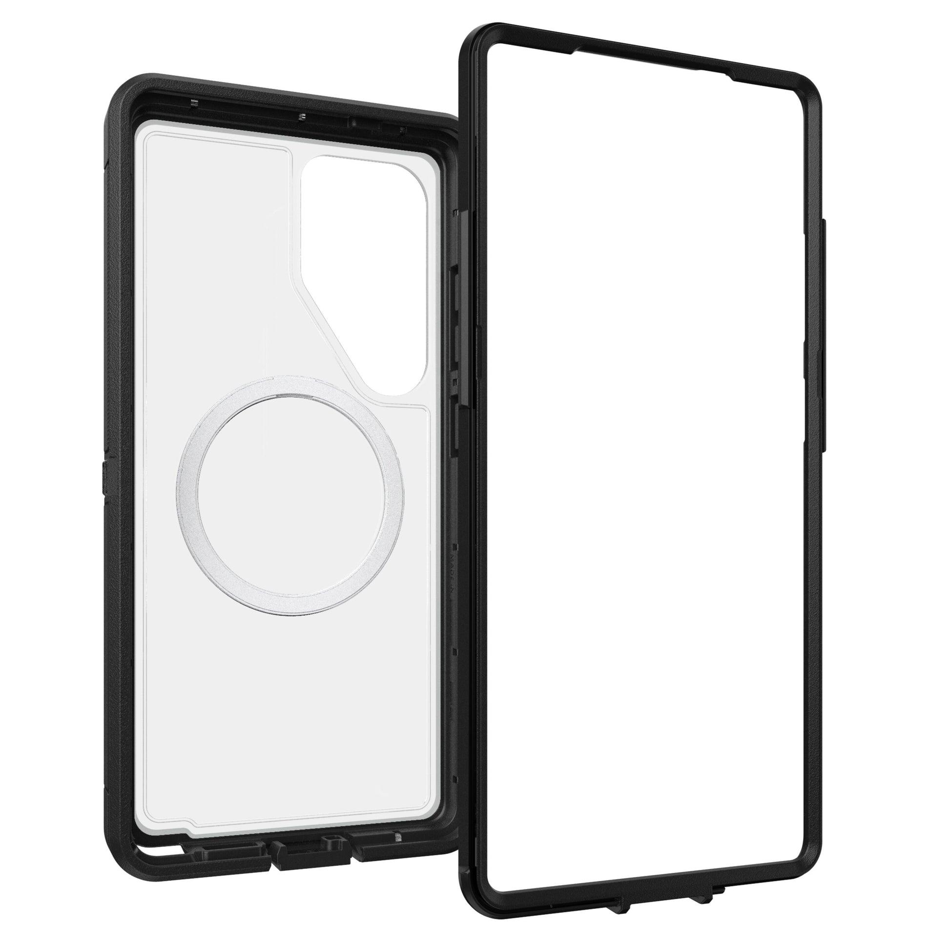 Otterbox Defender Klar Robust etui til Samsung Galaxy S25 Ultra sort/gennemsigtig, MagSafe-ring, kamerahul, klar front.