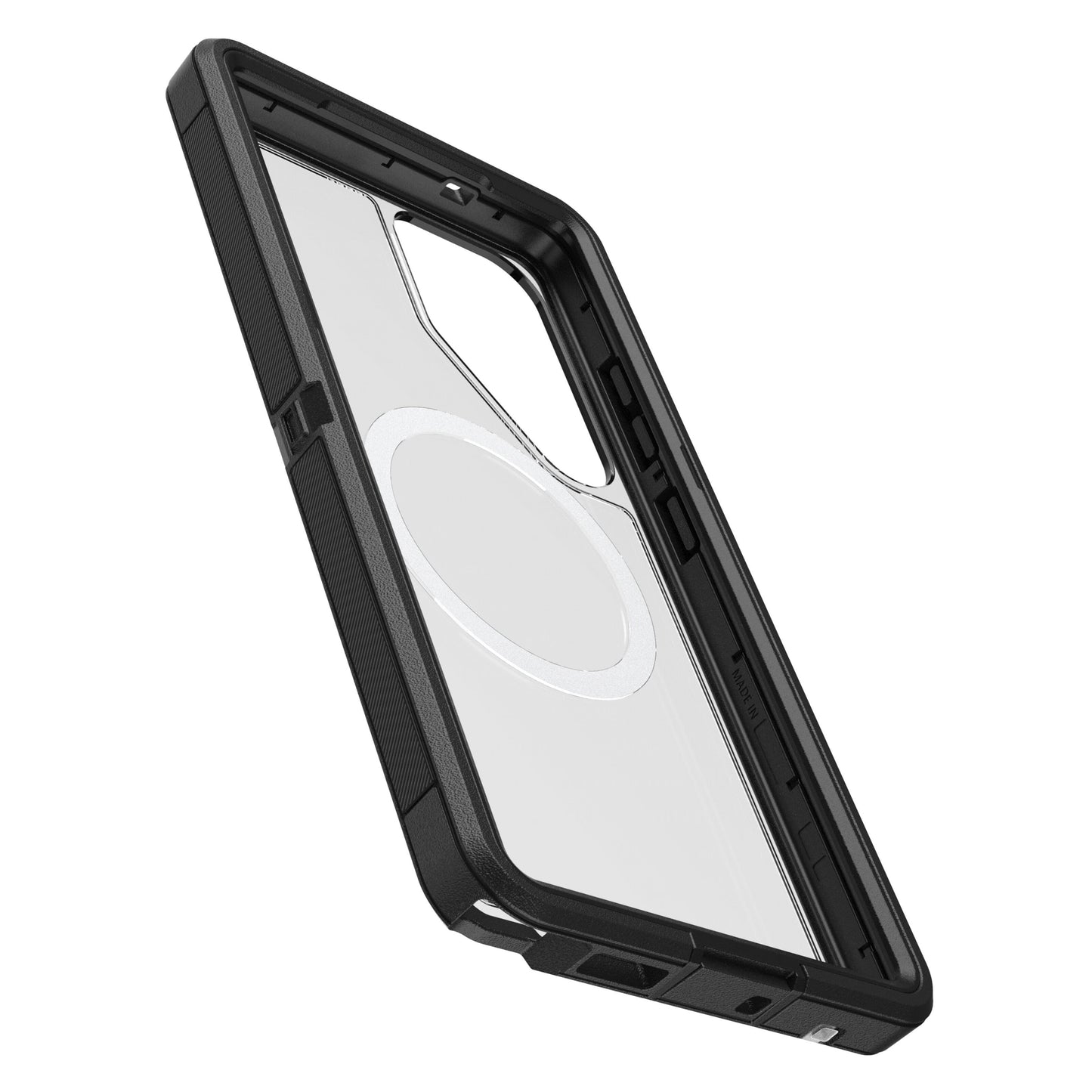 Otterbox Defender Klar Robust ogui Samsung Galaxy S25 Ultra sort med gennemsigtig bagside og synlig MagSafe-ring, præcise porte.