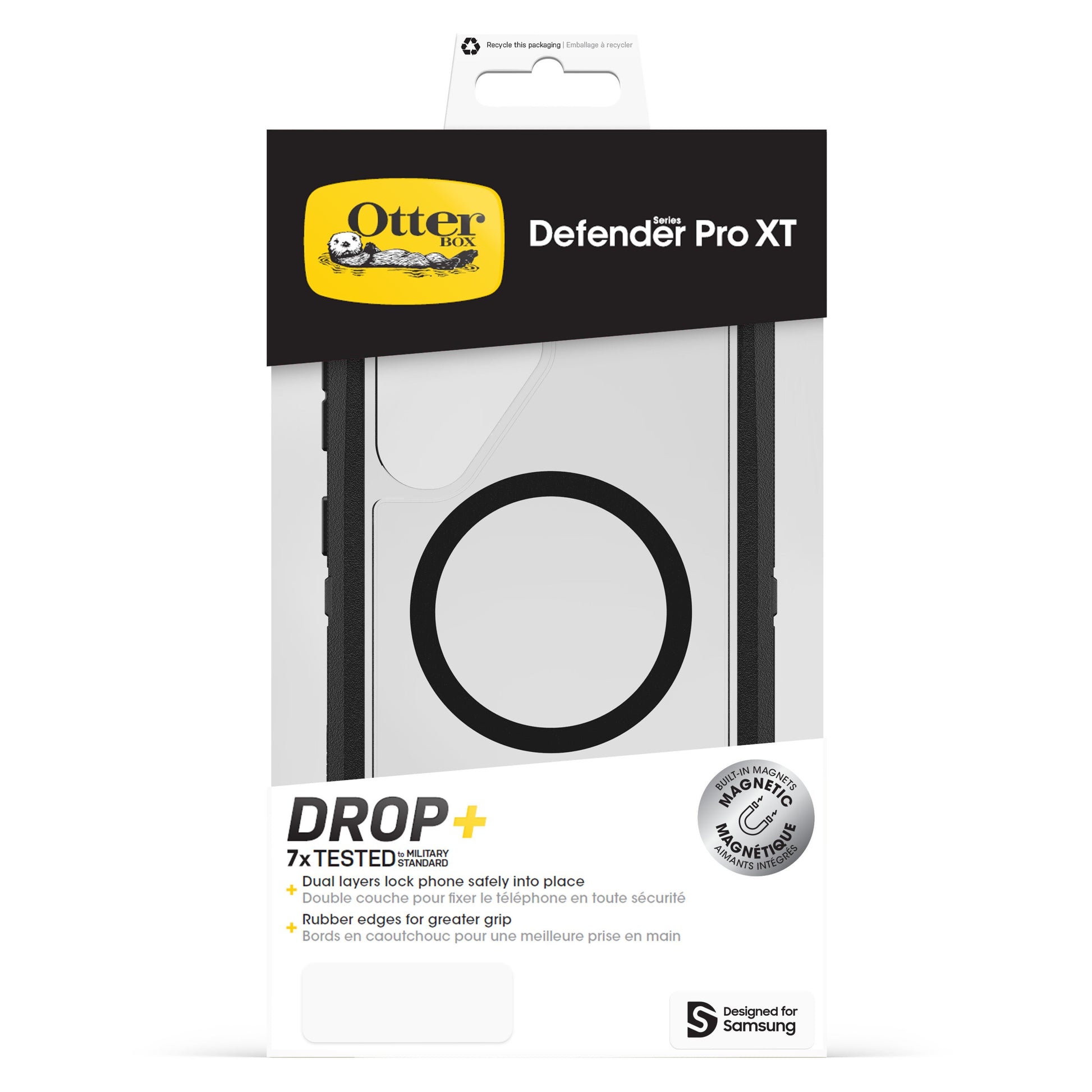 Otterbox Defender Klar Robust etui emballage til Samsung S25 Ultra med DROP+ beskyttelse og MagSafe-kompatibilitet.