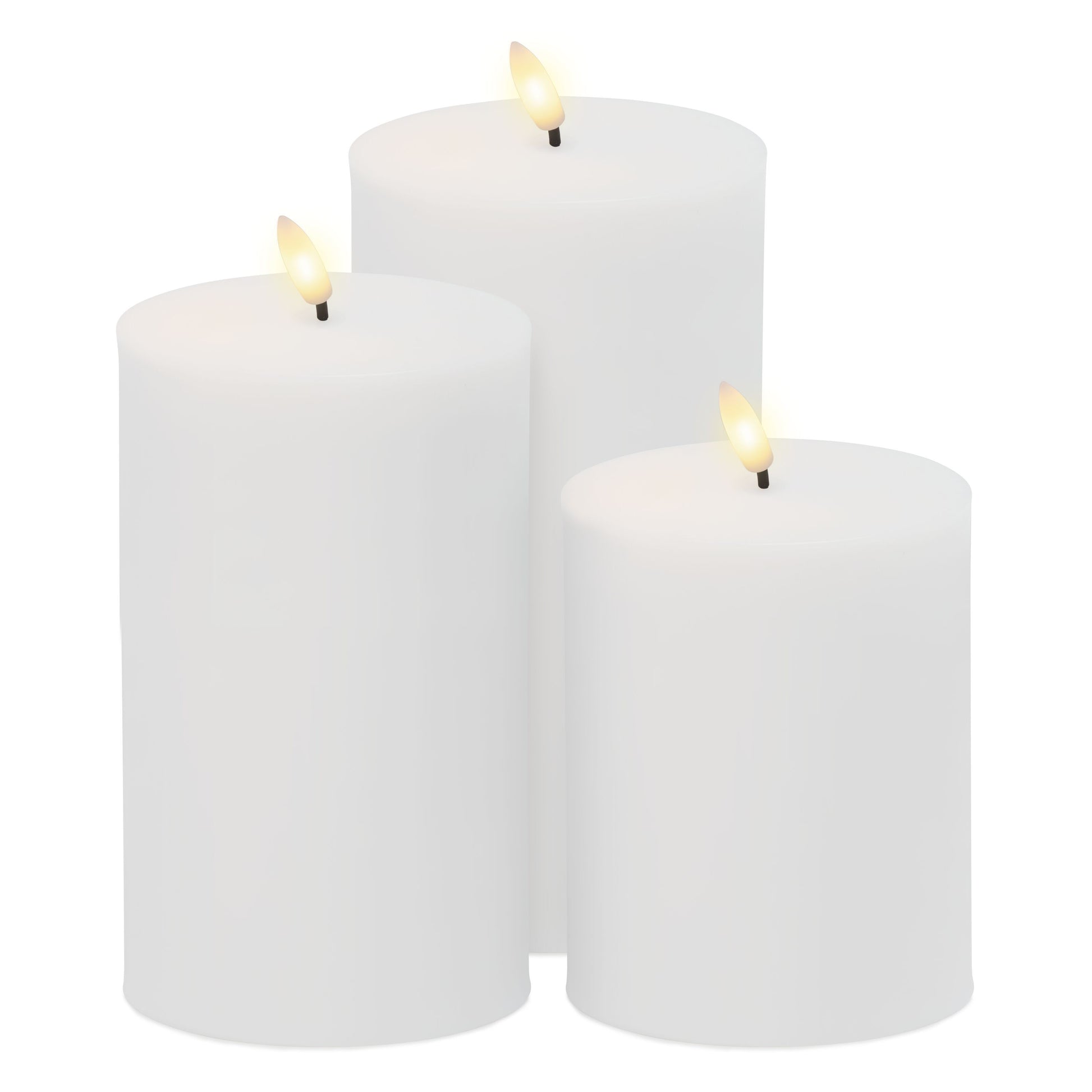 LED bloklys 3-pak i hvid, tre forskellige højder, bløde glødende flammer, fjernbetjenes.