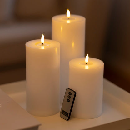 LED Bloklys 3-pak, tre højder med varmt lys, fjernbetjening foran mindste lys.