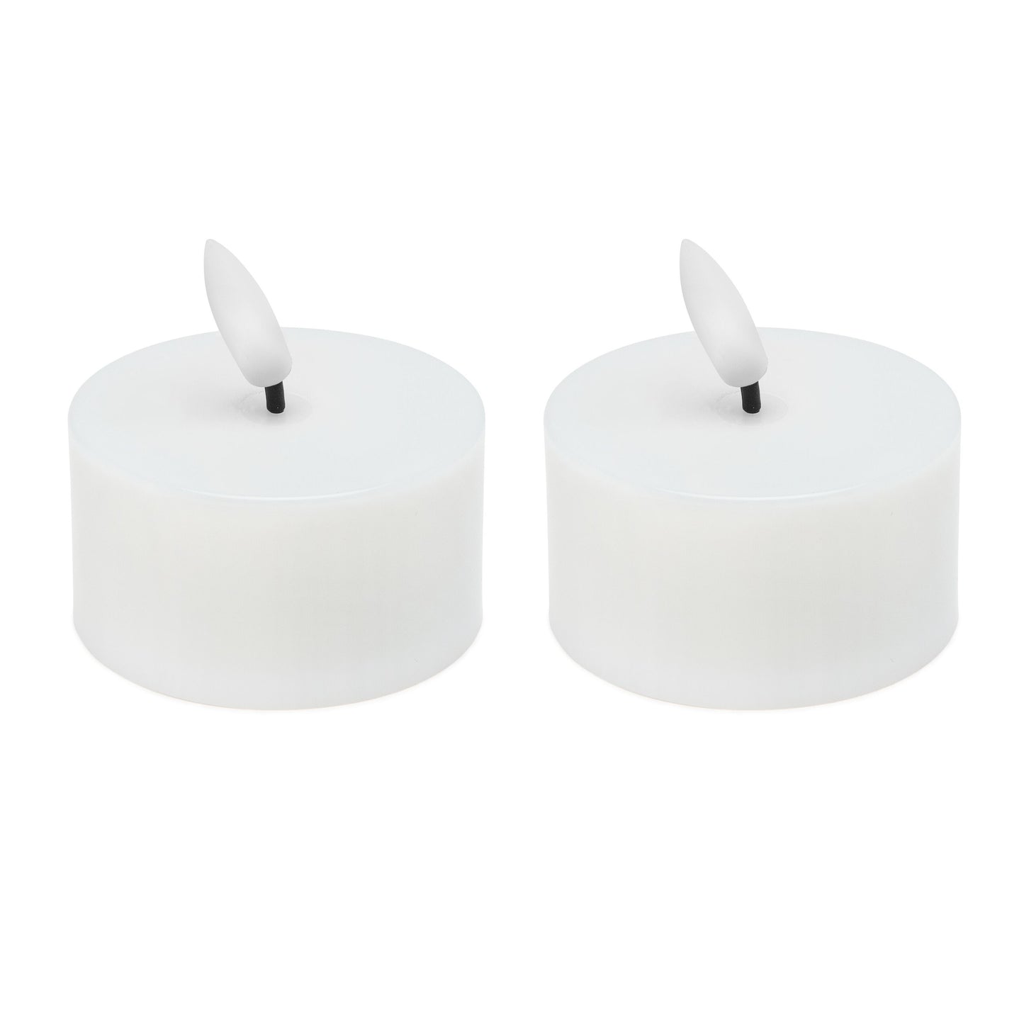 Varmelys Stor LED fyrfadslys, 2 stk, hvide, runde med flammespids, batteridrevet og timerfunktion.