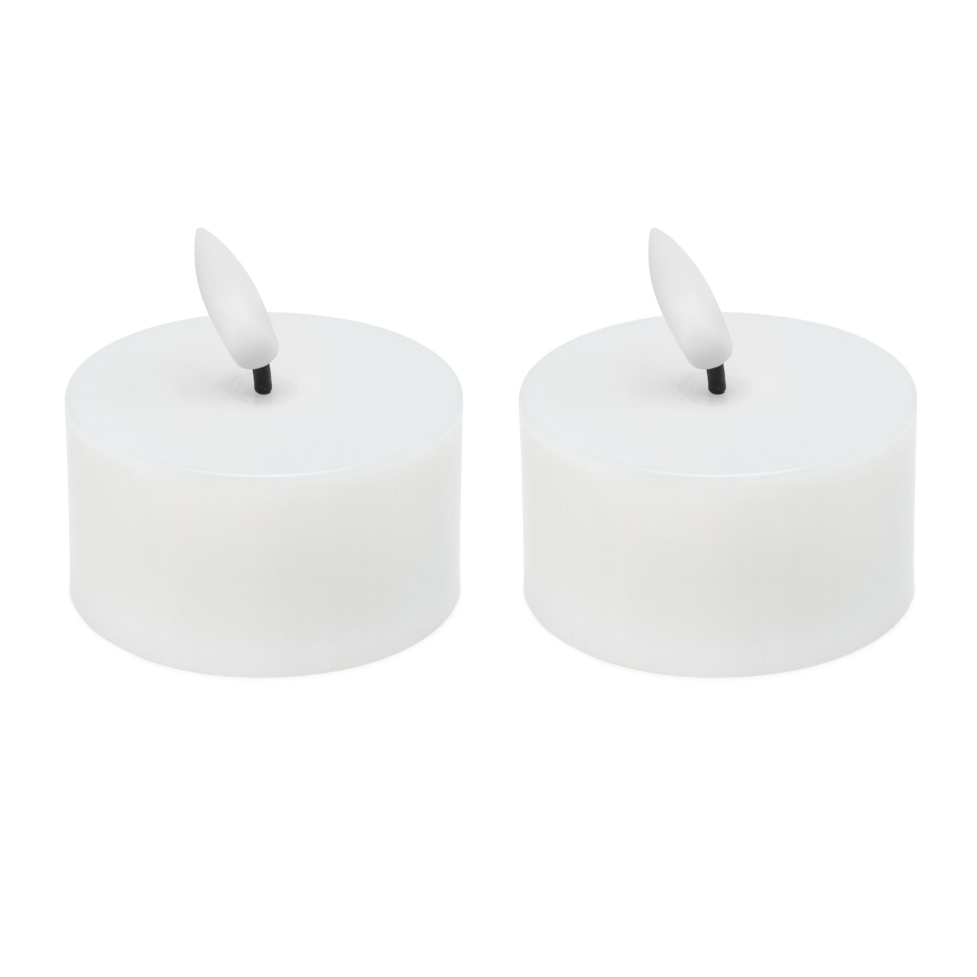 Varmelys Stor LED fyrfadslys, 2 stk, hvide, runde med flammespids, batteridrevet og timerfunktion.