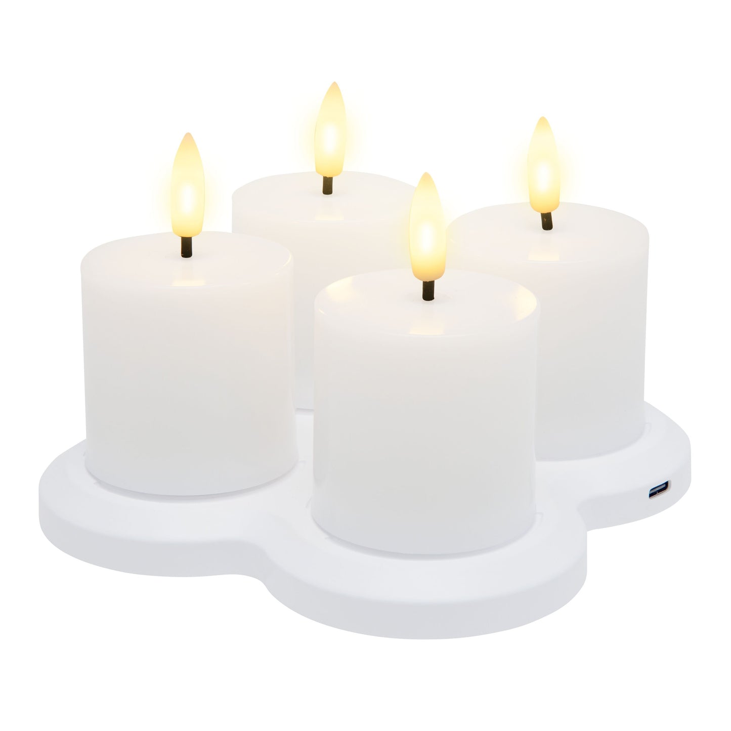 LED varmelys genopladelige 4-pak med flammeeffekt på hvid kløverformet base.
