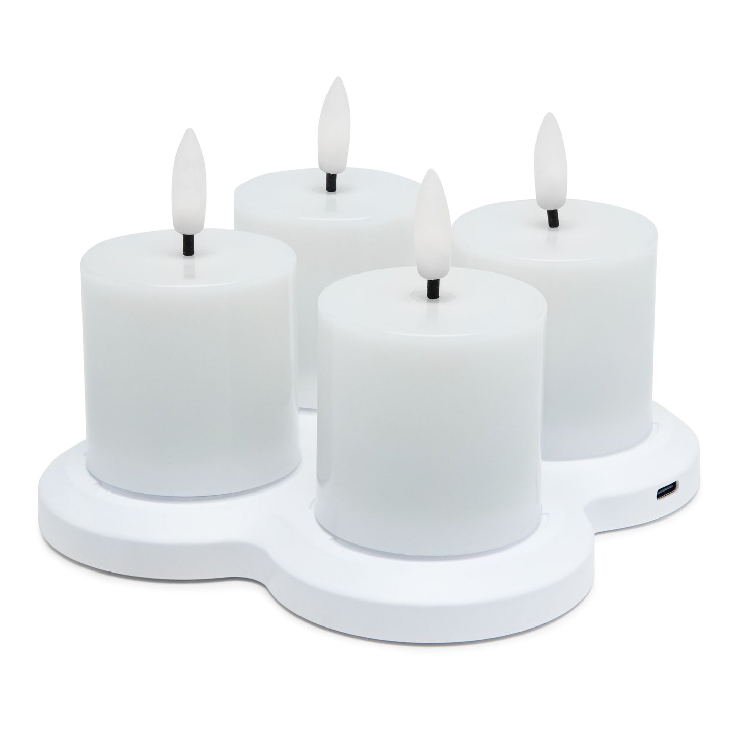 LED Varmelys genopladelige 4-pak, hvide flammeløse stearinlys med flammeformede spidser og USB ladestation.