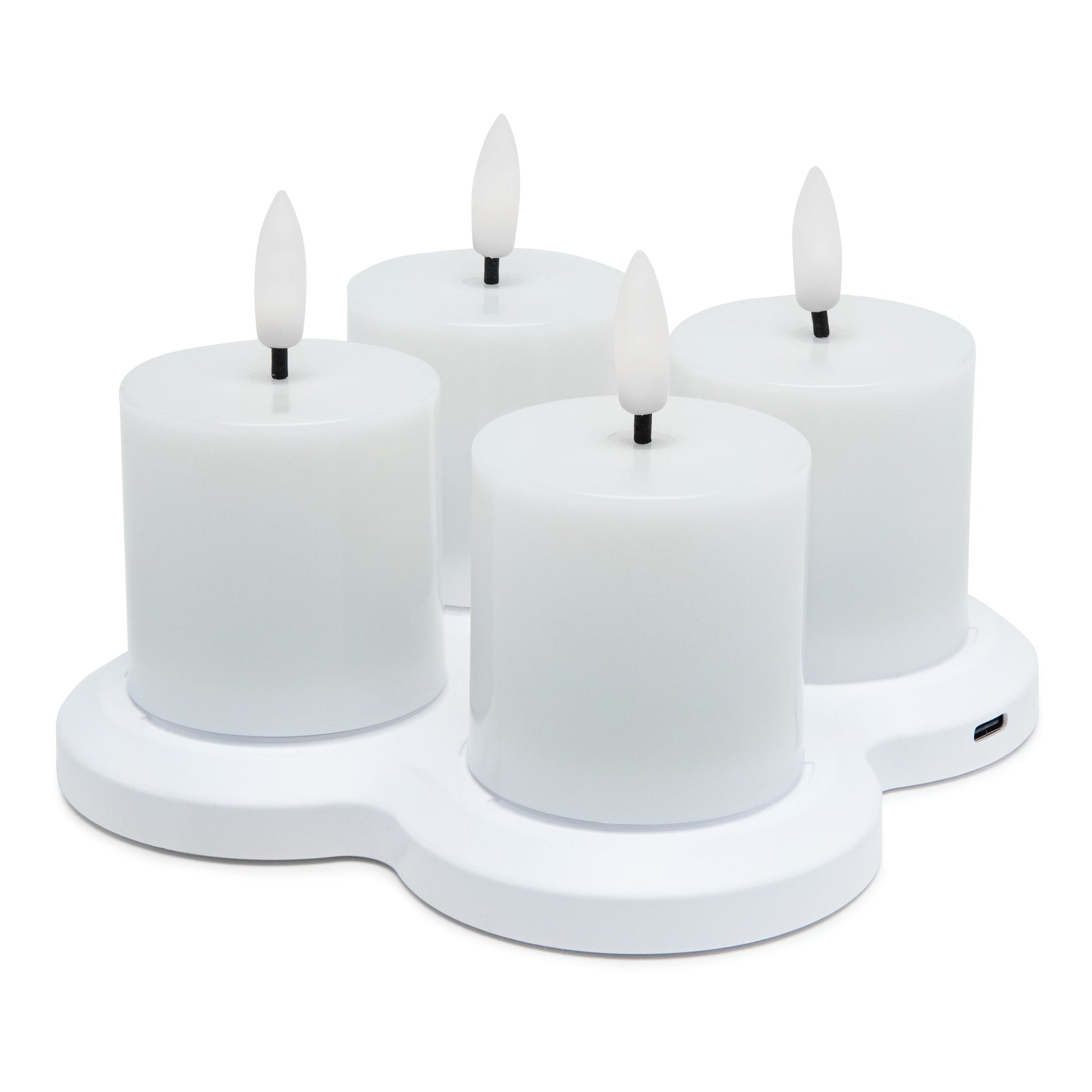 LED Varmelys genopladelige 4-pak, hvide flammeløse stearinlys med flammeformede spidser og USB ladestation.