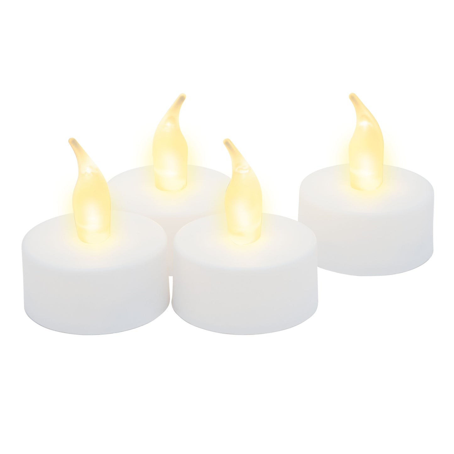 LED fyrfadslys 4-pak hvide, batteridrevne med gule glødende flammer.