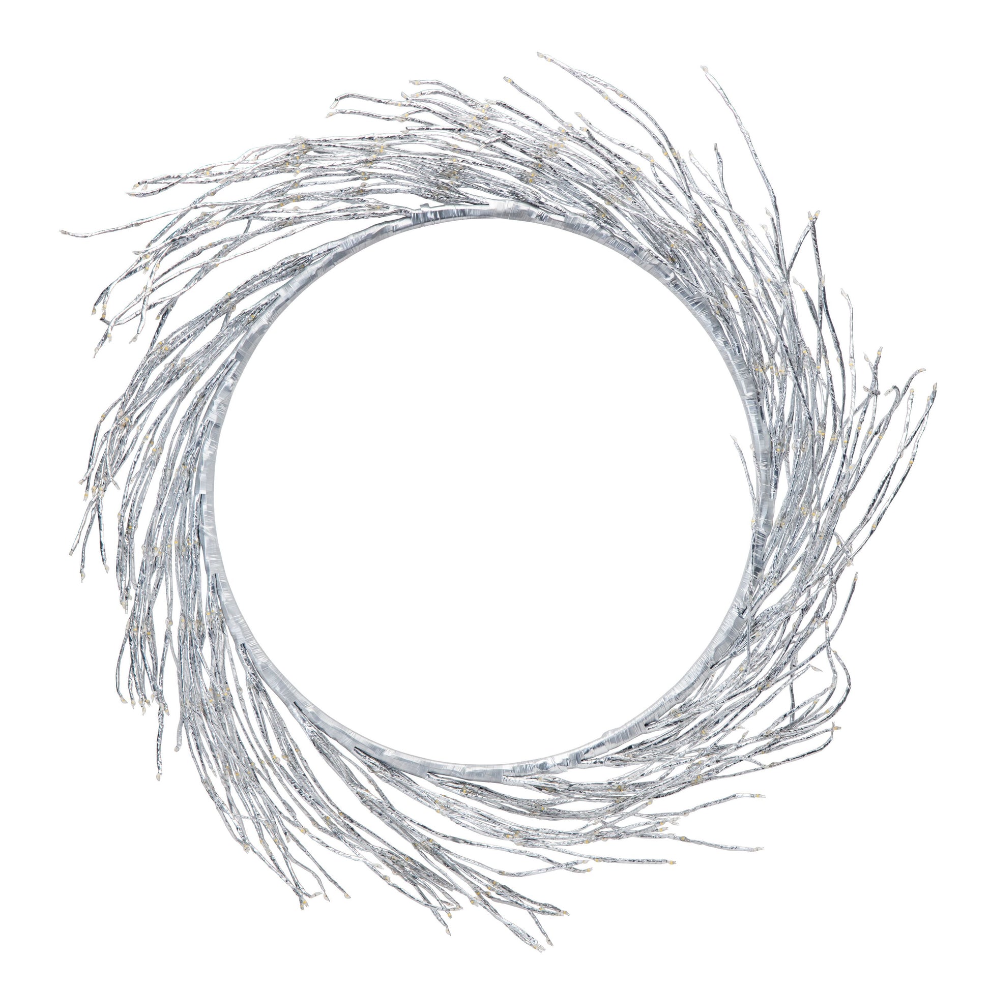 Lyskæde Ring 936 LED Ø50 cm sølv med cirkulær ramme af metalgrene, synlig sølvfarvet form og LED-lys.