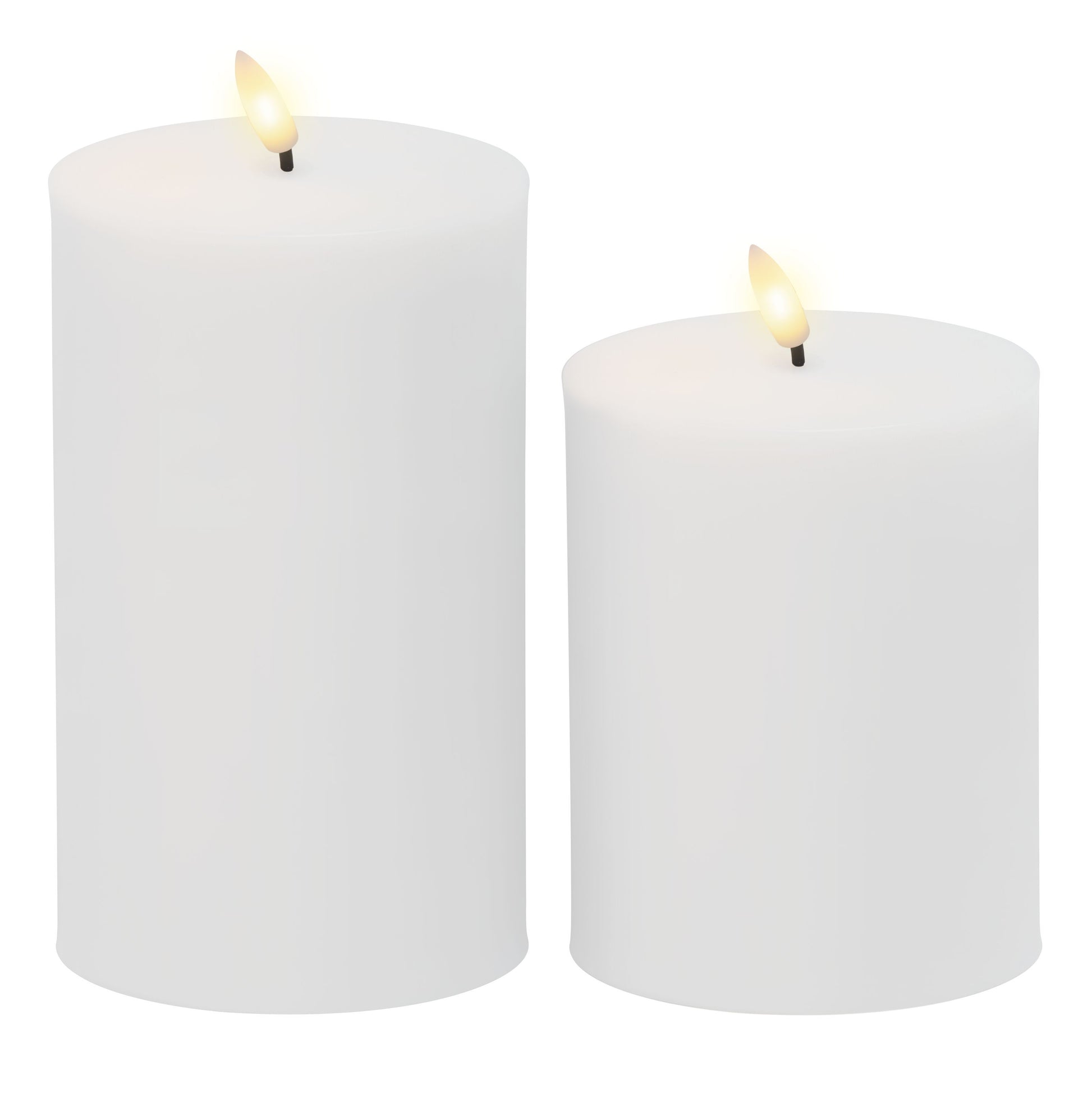 LED Bloklys udendørs 2-pak, hvide, forskellige højder, med timerfunktion og fjernbetjening.
