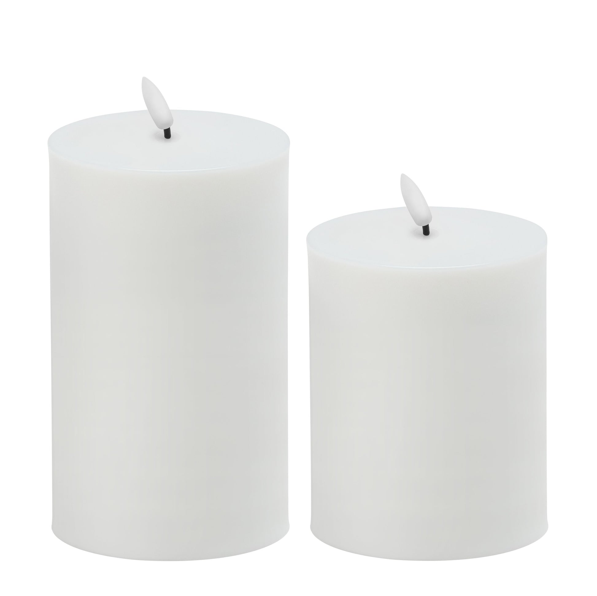 LED bloklys udendørs 2-pak, hvide, cylinderformede i to højder, glat overflade, slukkede væger, timerfunktion.