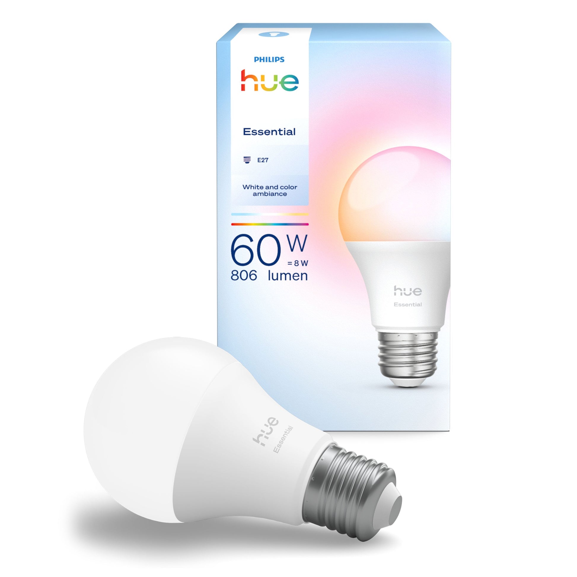 Philips Hue Essentiel Smart LED-pære E27 806 lm 1-pak blå/hvid æske, viser 60W, E27 fatning, smart home, white  color ambiance.