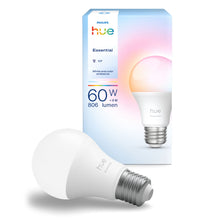 Philips Hue Essentiel Smart LED-pære E27 806 lm 1-pak blå/hvid æske, viser 60W, E27 fatning, smart home, white  color ambiance.