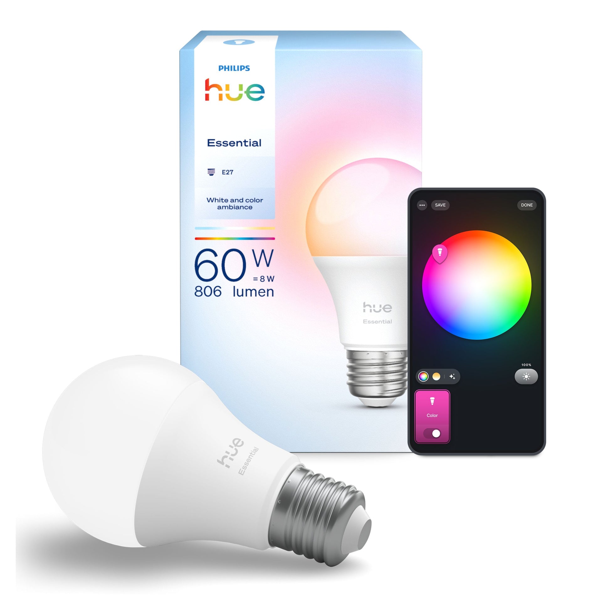 Philips Hue Essentiel Smart LED-pære E27 806 lm 1-pakning ved siden af æske og smartphone med farvevalg-app.