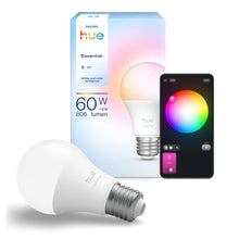 Philips Hue Essentiel Smart LED-pære E27 806 lm 1-pakning ved siden af æske og smartphone med farvevalg-app.