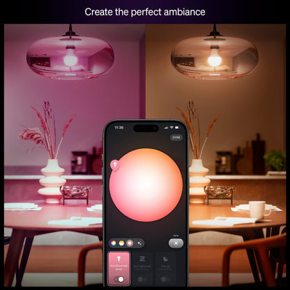 Philips Hue Essentiel Smart LED-pære E27 806 lm justeres med smartphone-app fra pink til varm hvid.