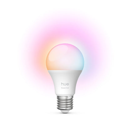 Philips Hue Essentiel Smart LED-pære E27 806 lm 1-pak, lyser i pink, lilla, orange og blå farvegradient.