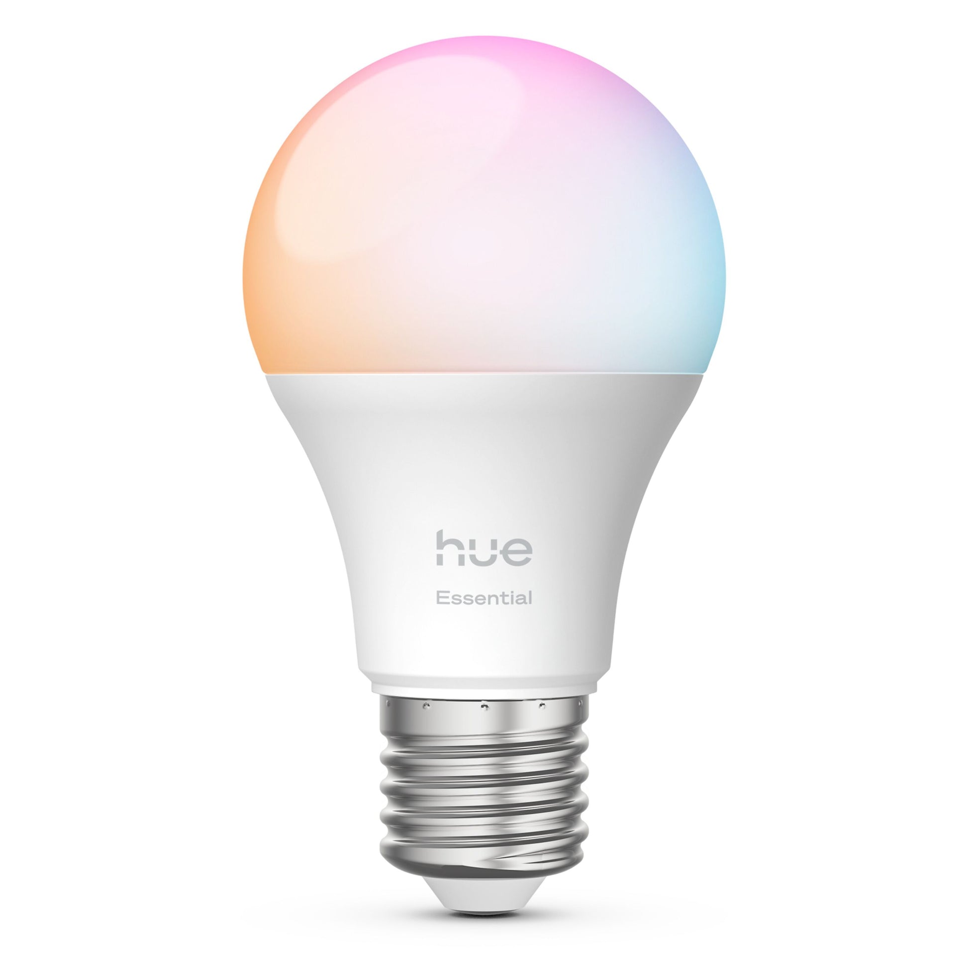 Hue Essentiel Smart LED-pære E27 806 lm 1-pakning med glødende top i orange, pink og blå nuance.